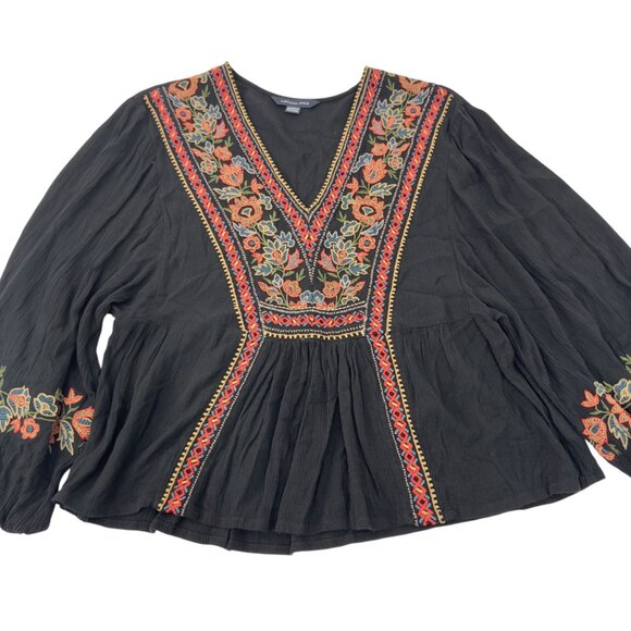 American Eagle Women Black Boho Embroidered 3/4 Sleeve Peasant Crop Blouse SZ XS - Picture 8 of 10